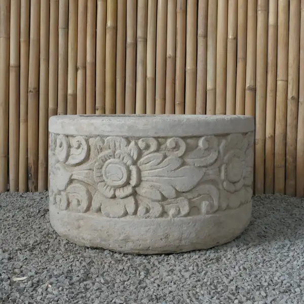 Product image 4 of the product “Balinese style tube round pot, with carving - 70cm Dia., 40 cm Height, Taro sand ”